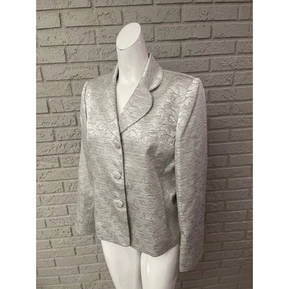 Le Suit Petite Women Long Sleeve Silver Jacquard Blazer Size 10P